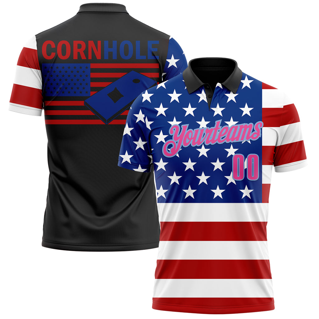 Custom Black Pink Light Blue Red-Royal 3D Cornhole American Flag Performance Polo Shirt