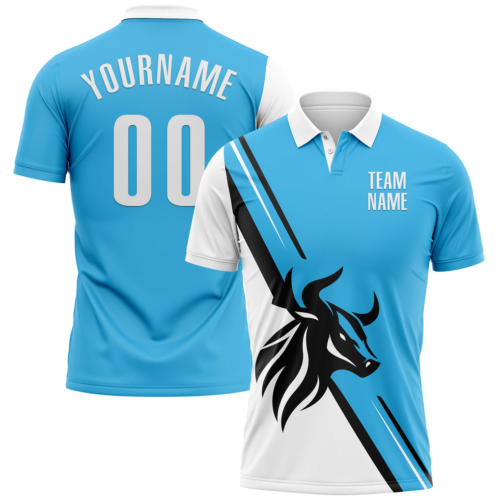 Custom Sky Blue White-Black 3D Pattern Design Animal Bull Performance Polo Shirt