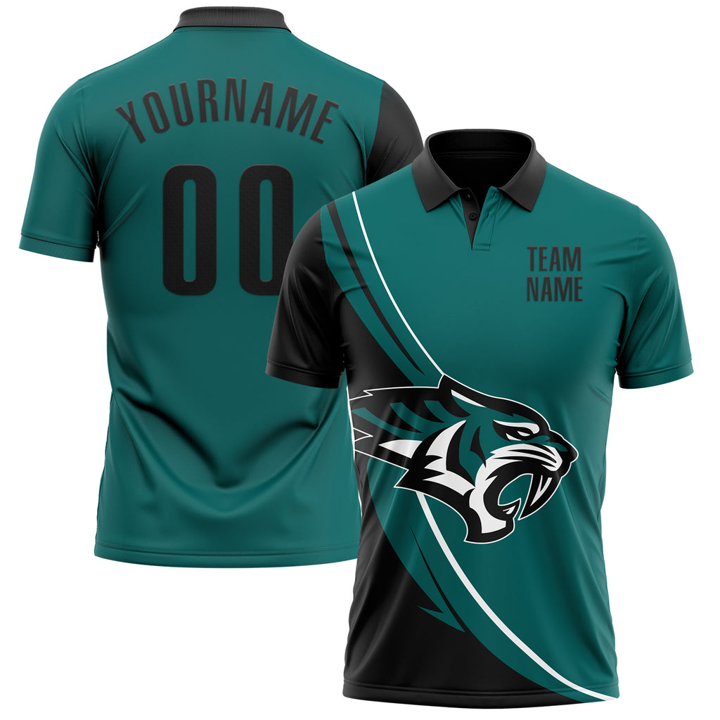 Custom Teal Black-White 3D Pattern Design Animal Tiger Performance Polo Shirt