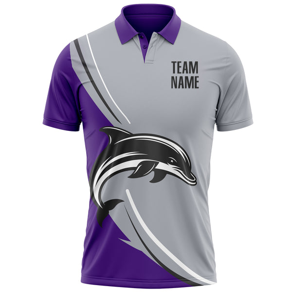 Custom Gray Black-Purple 3D Pattern Design Animal Dolphin Performance Polo Shirt