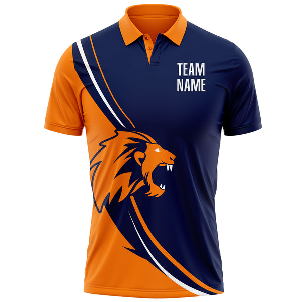 Custom Navy White-Bay Orange 3D Pattern Design Animal Lion Performance Polo Shirt