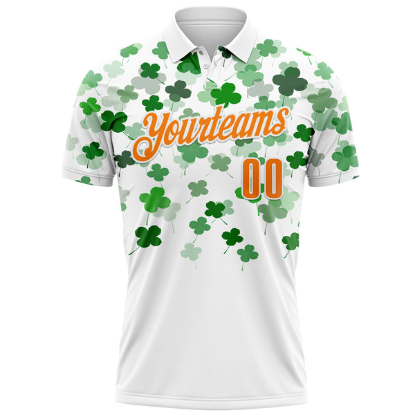 Custom White Bay Orange-Yellow 3D St. Patrick's Day Shamrock Performance Polo Shirt