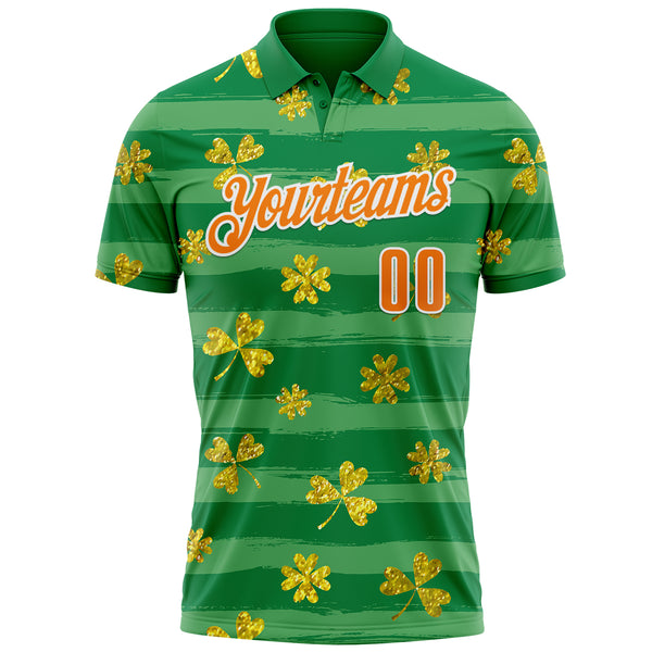 Custom Kelly Green Bay Orange-White 3D St. Patrick's Day Shamrock Performance Polo Shirt