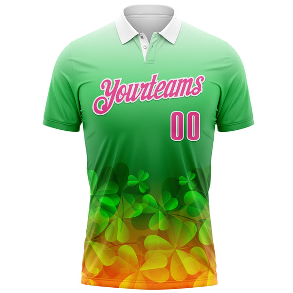 Custom Green Pink-White 3D St. Patrick's Day Shamrock Performance Polo Shirt