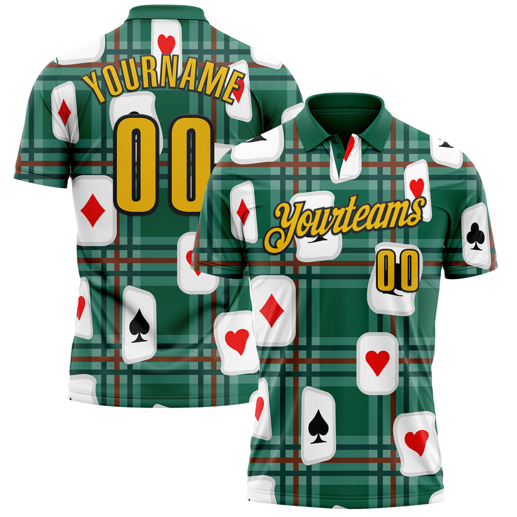 Custom Green Yellow-Black 3D Gambling Poker Performance Polo Shirt