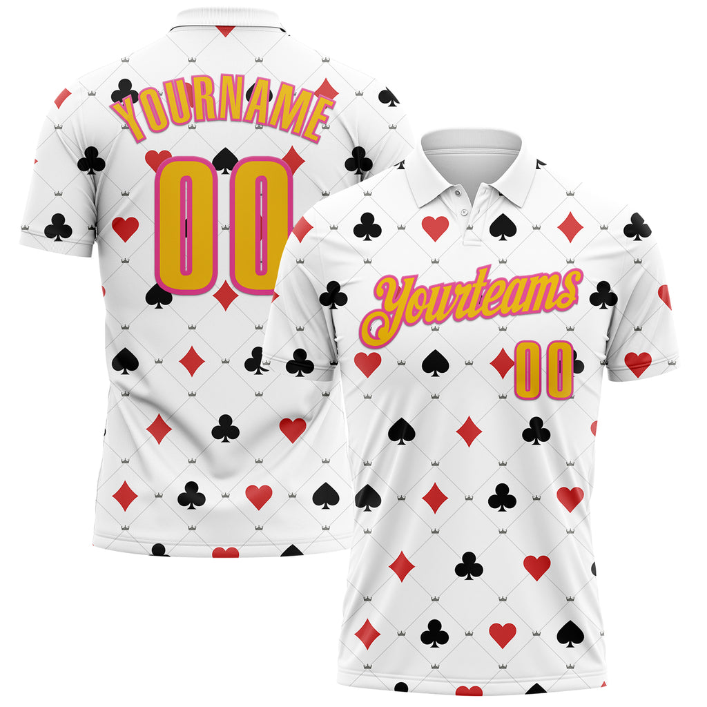 Custom White Yellow-Pink 3D Gambling Poker Performance Polo Shirt