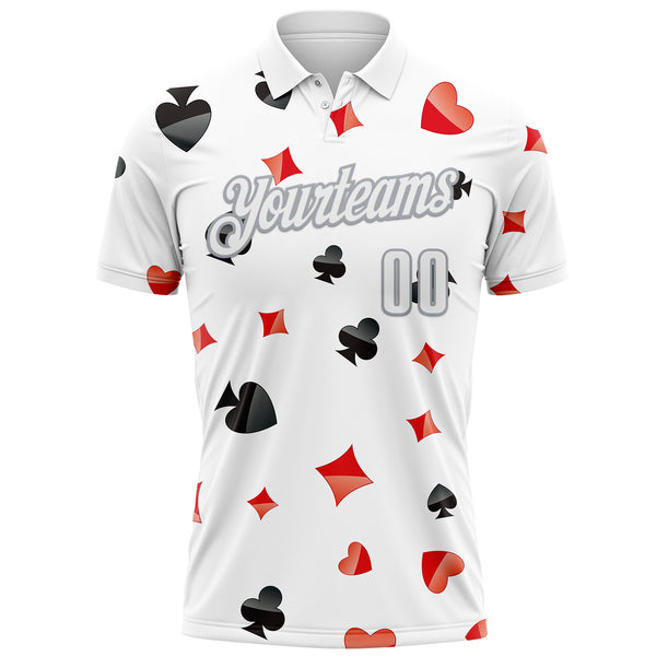 Custom White Gray 3D Gambling Poker Performance Polo Shirt