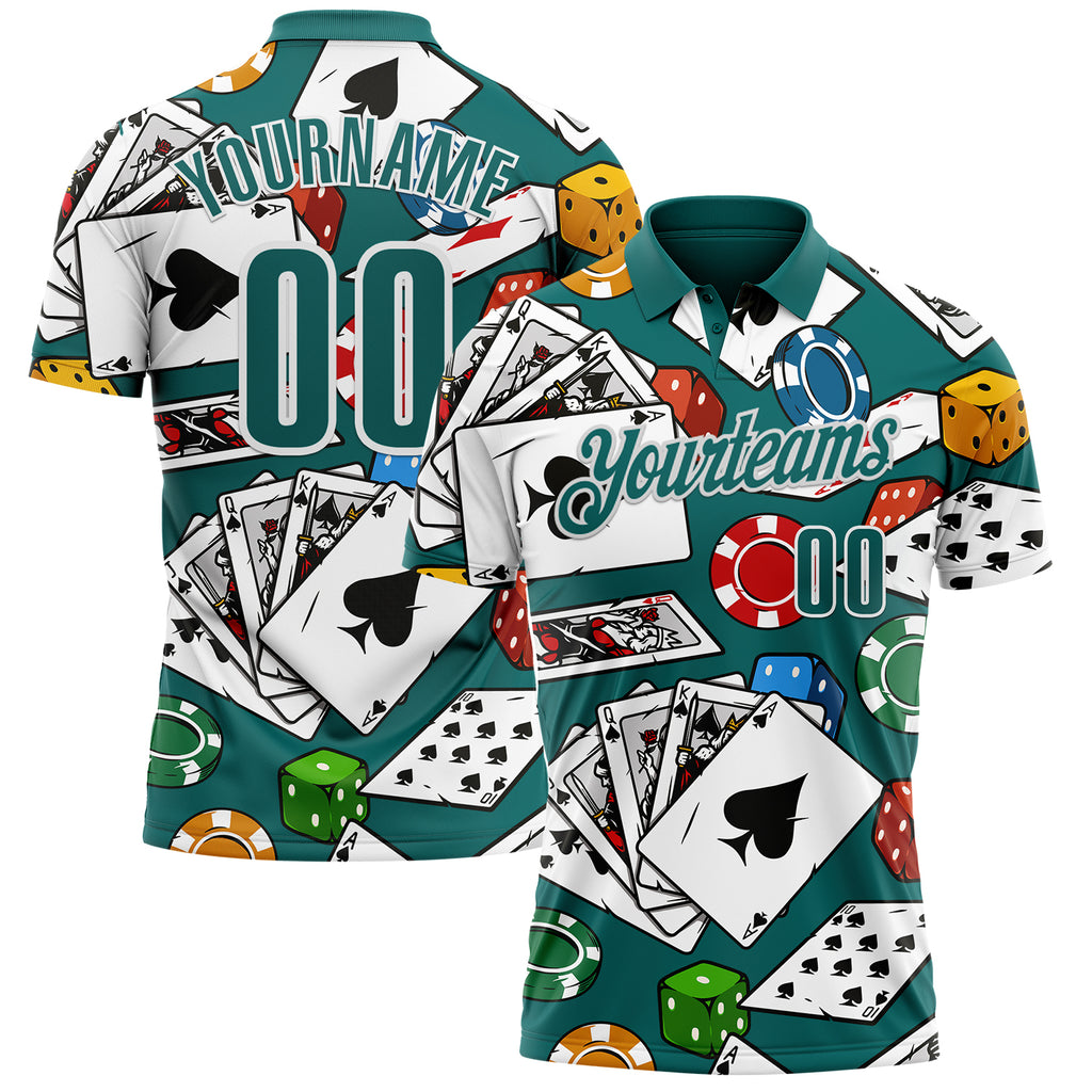 Custom Teal White 3D Gambling Poker Performance Polo Shirt