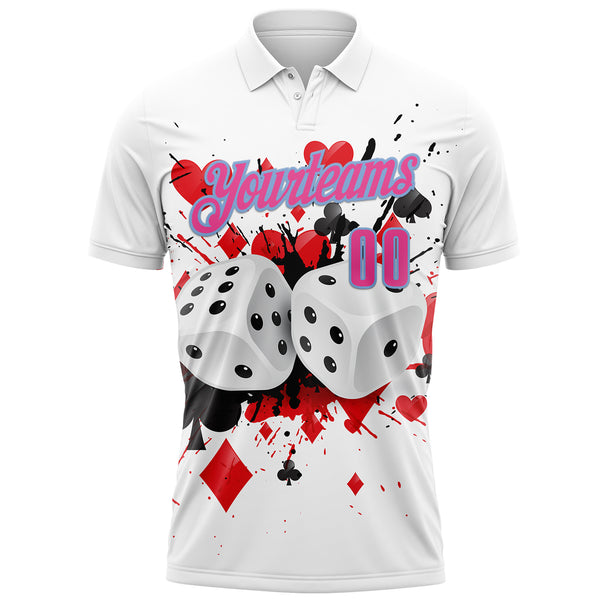 Custom White Pink-Light Blue 3D Gambling Poker And Dice Performance Polo Shirt