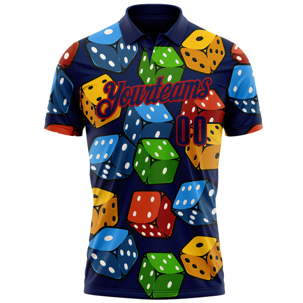 Custom Navy Red 3D Gambling Dice Performance Polo Shirt