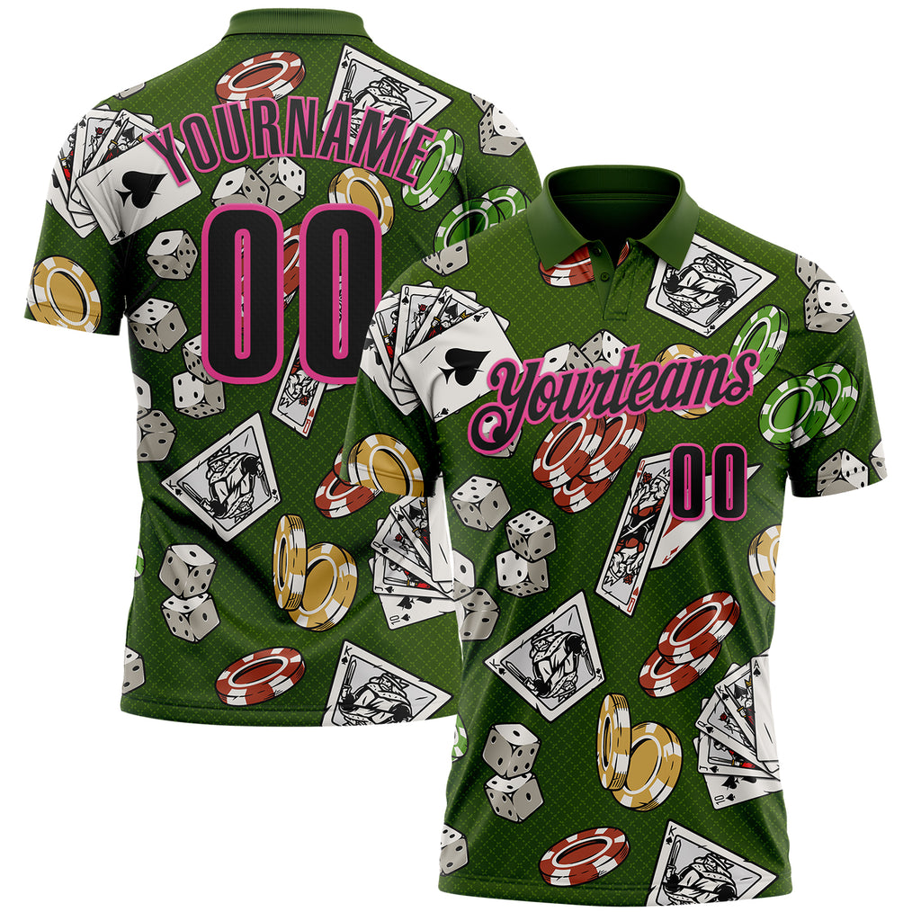 Custom Green Black-Pink 3D Gambling Poker And Dice Performance Polo Shirt