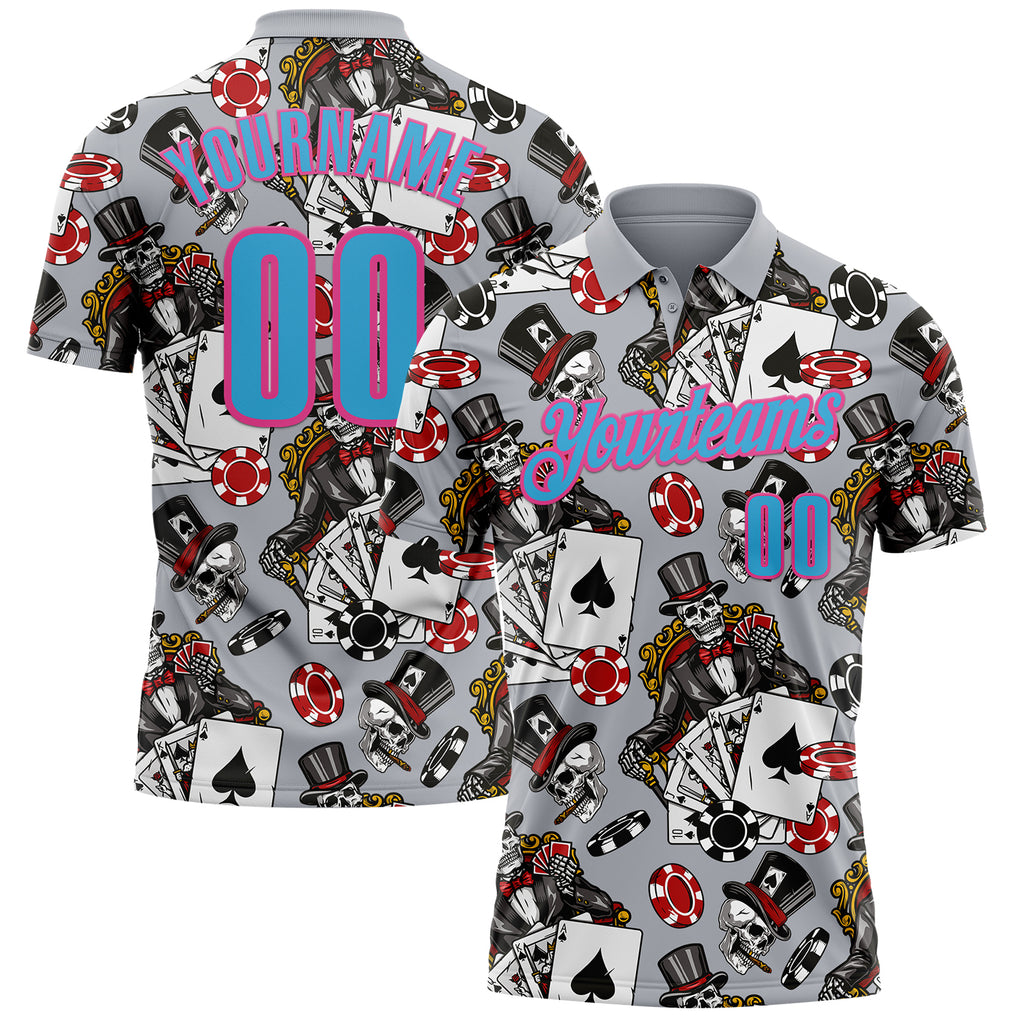 Custom Gray Sky Blue-Pink 3D Gambling Poker Performance Polo Shirt