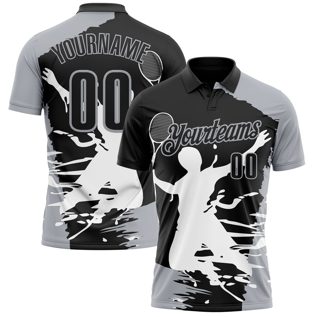 Custom Black Gray-White 3D Tennis Performance Polo Shirt