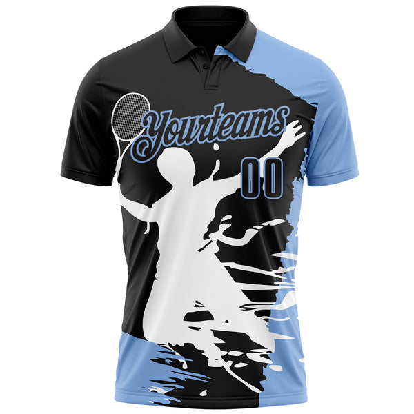 Custom Black Light Blue-White 3D Tennis Performance Polo Shirt