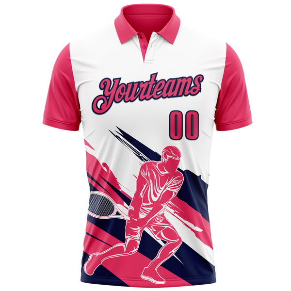 Custom White Neon Pink-Navy 3D Tennis Performance Polo Shirt