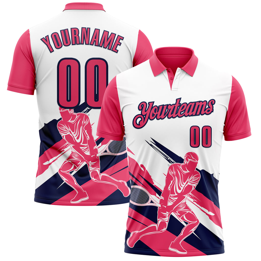 Custom White Neon Pink-Navy 3D Tennis Performance Polo Shirt