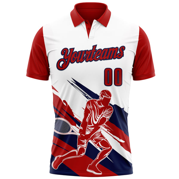 Custom White Red-Navy 3D Tennis Performance Polo Shirt