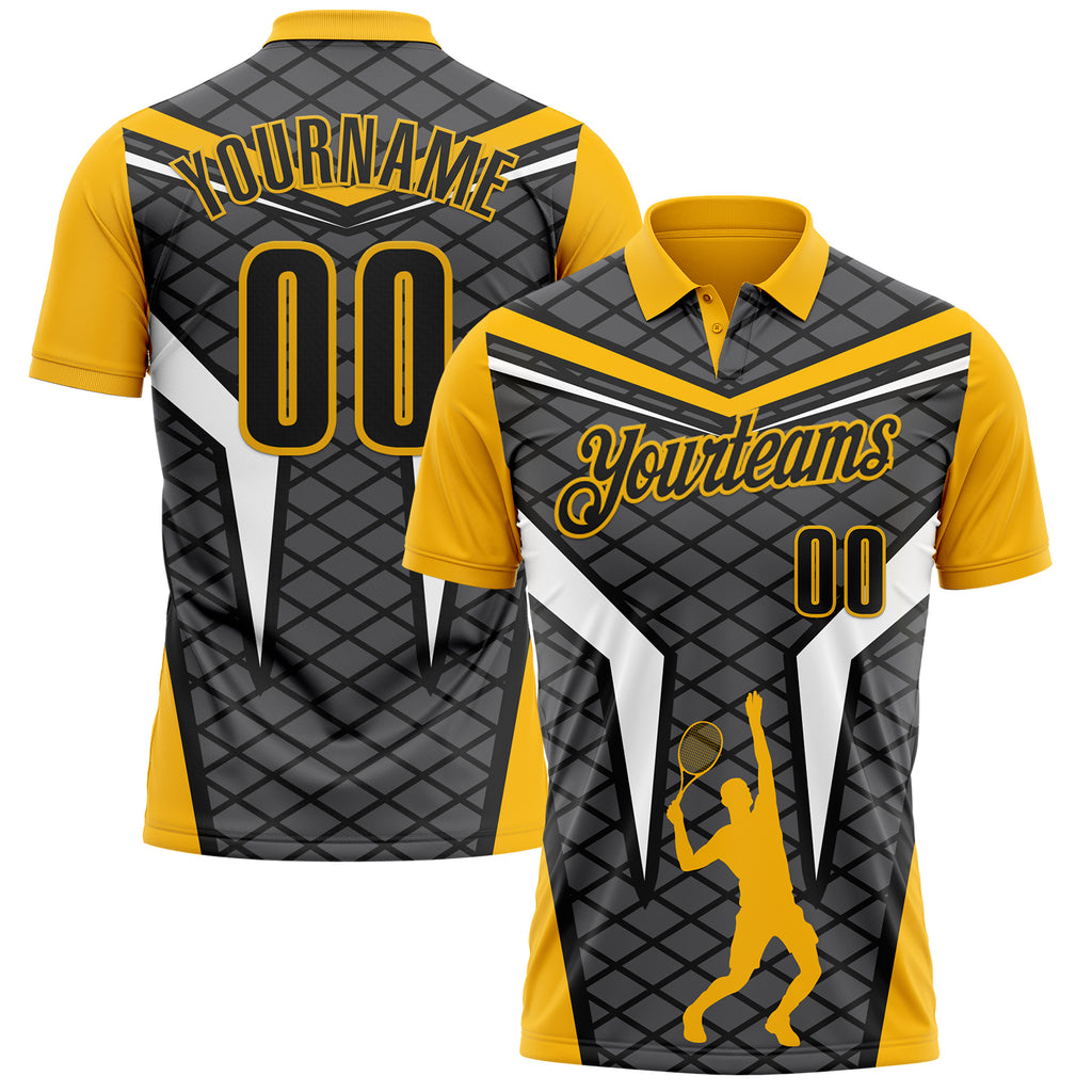 Custom Steel Gray Black-Gold 3D Tennis Performance Polo Shirt