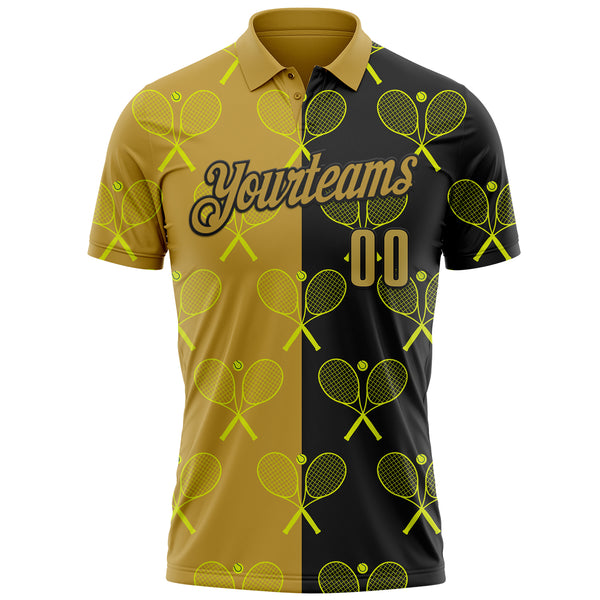 Custom Black Old Gold 3D Tennis Performance Polo Shirt