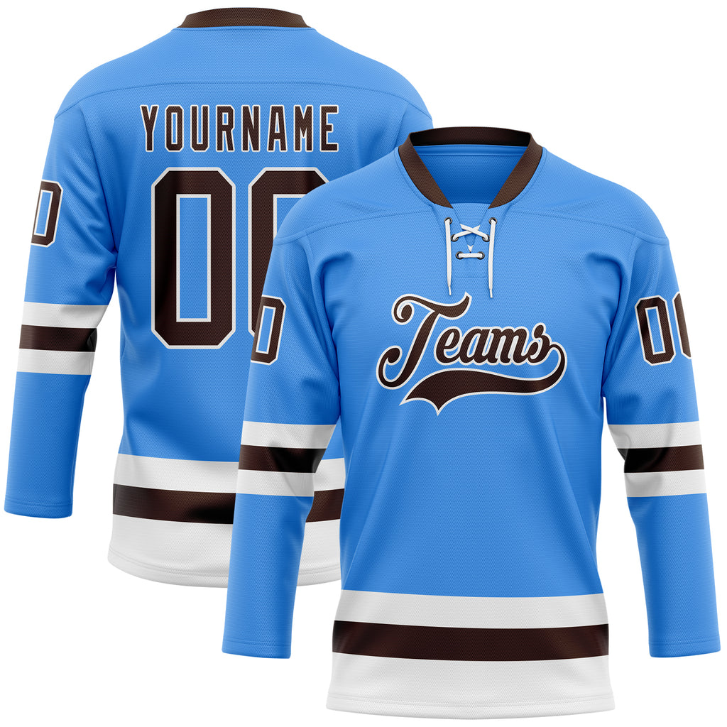 Custom Sky Blue Brown-White Hockey Lace Neck Jersey