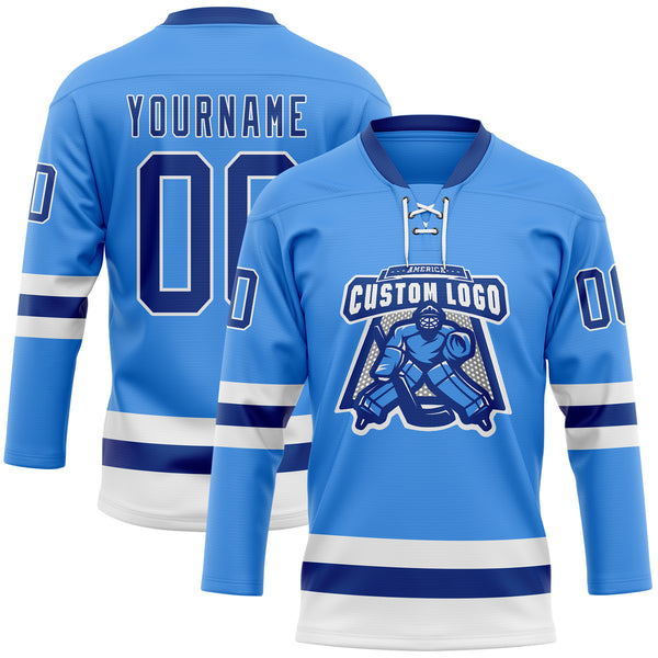 Custom Sky Blue Royal-White Hockey Lace Neck Jersey