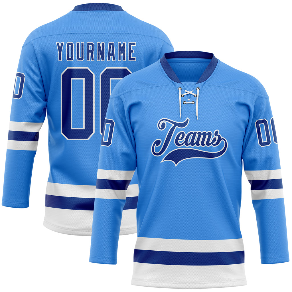 Custom Sky Blue Royal-White Hockey Lace Neck Jersey