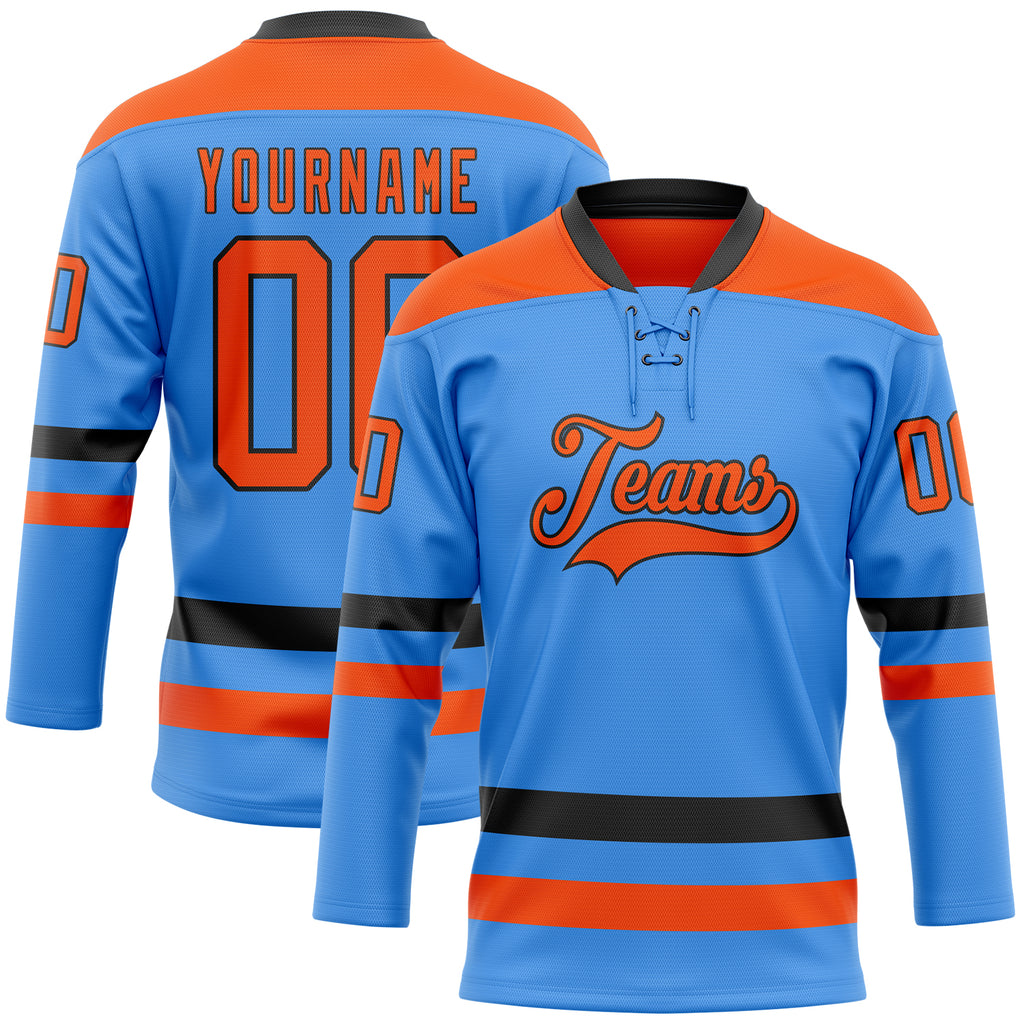 Custom Sky Blue Orange-Black Hockey Lace Neck Jersey