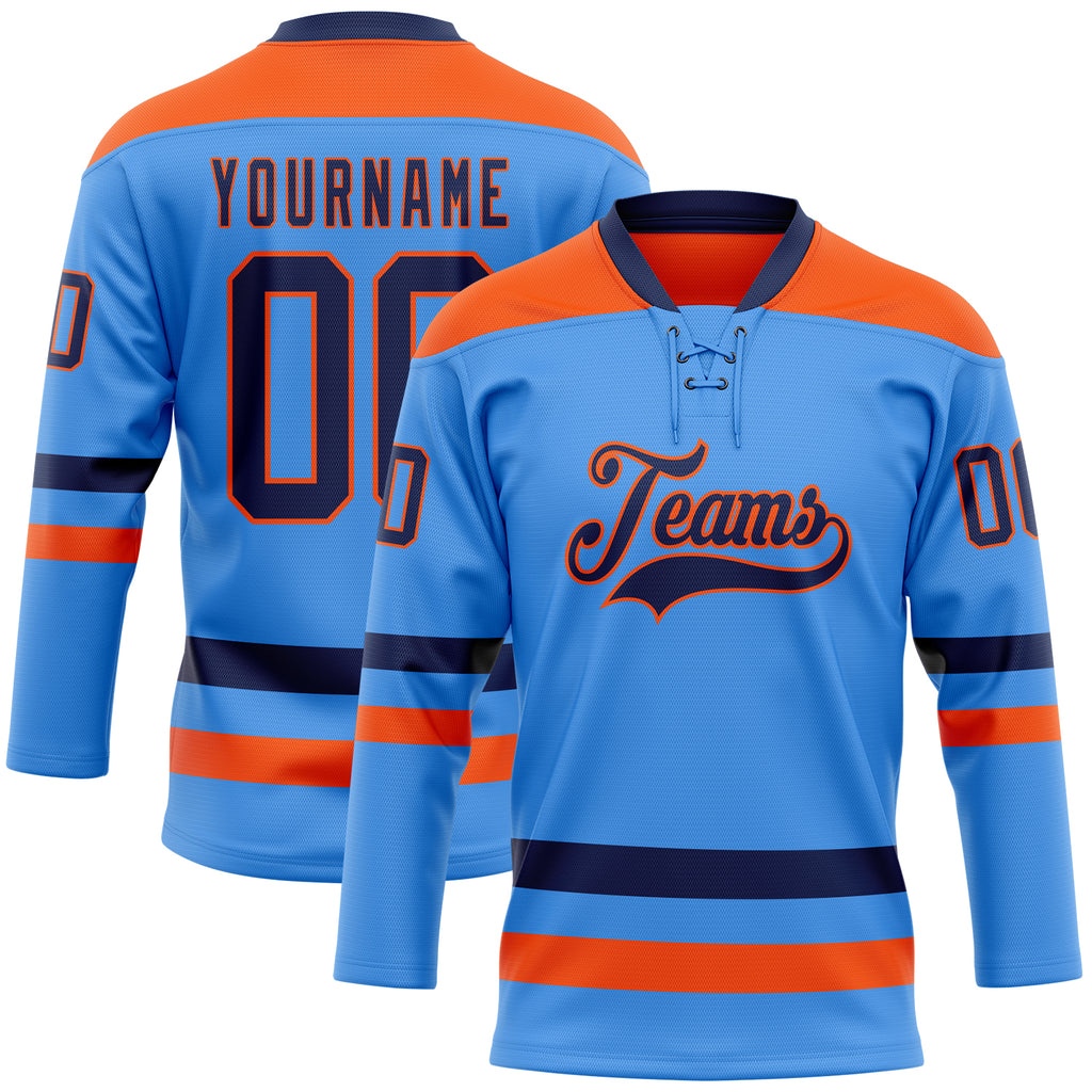 Custom Sky Blue Navy-Orange Hockey Lace Neck Jersey