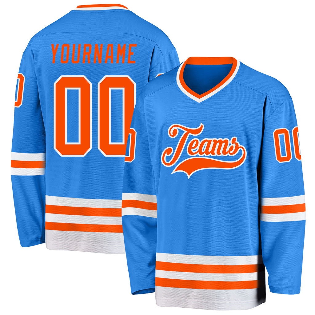 Custom Powder Blue Orange-White Hockey Jersey