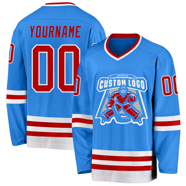 Custom Powder Blue Red-White Hockey Jersey