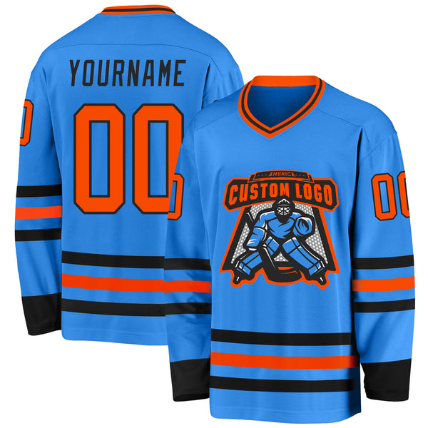 Custom Powder Blue Orange-Black Hockey Jersey