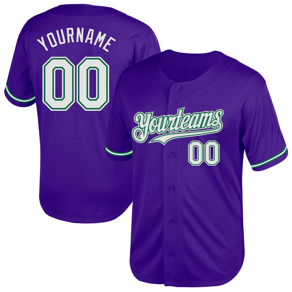 Custom Purple White-Kelly Green Mesh Authentic Throwback Baseball Jersey