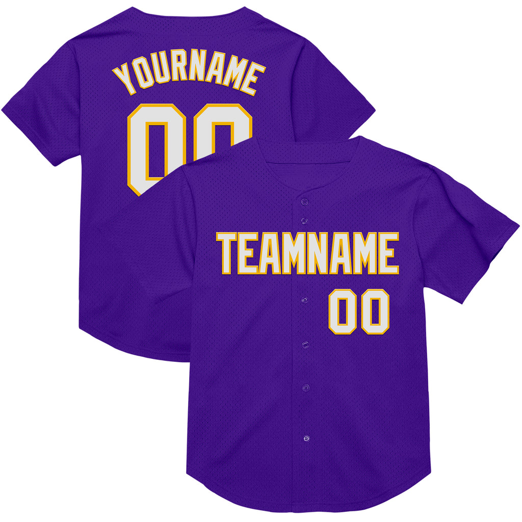 Custom Purple White-Gold Mesh Authentic Throwback Baseball Jersey