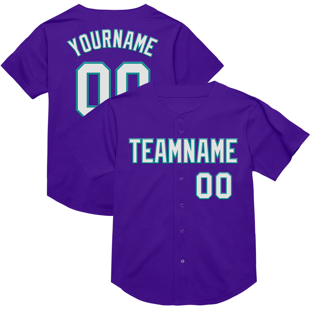 Custom Purple White-Teal Mesh Authentic Throwback Baseball Jersey