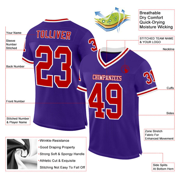 Custom Purple Red-White Mesh Authentic Throwback Football Jersey