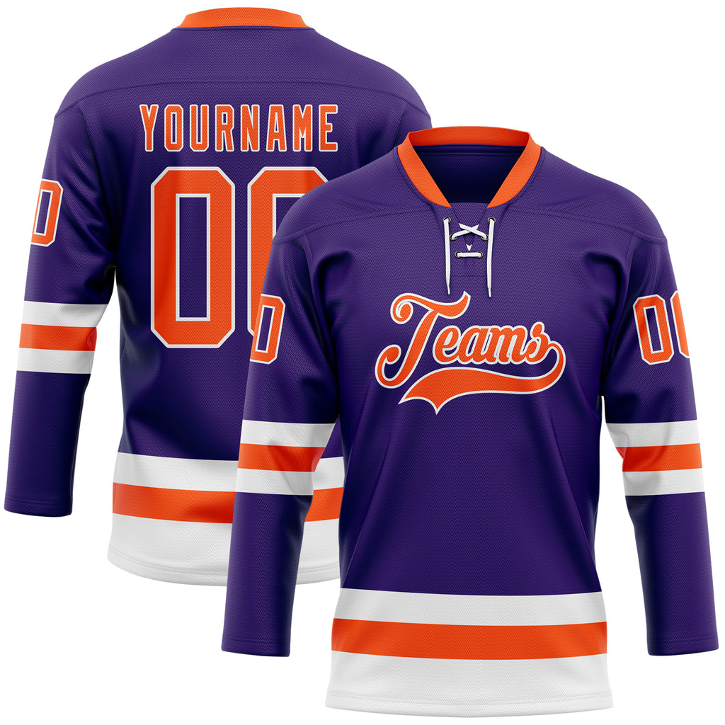 Custom Purple Orange-White Hockey Lace Neck Jersey