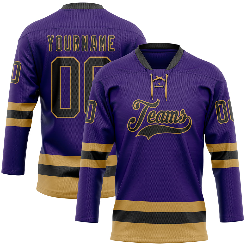 Custom Purple Black-Old Gold Hockey Lace Neck Jersey