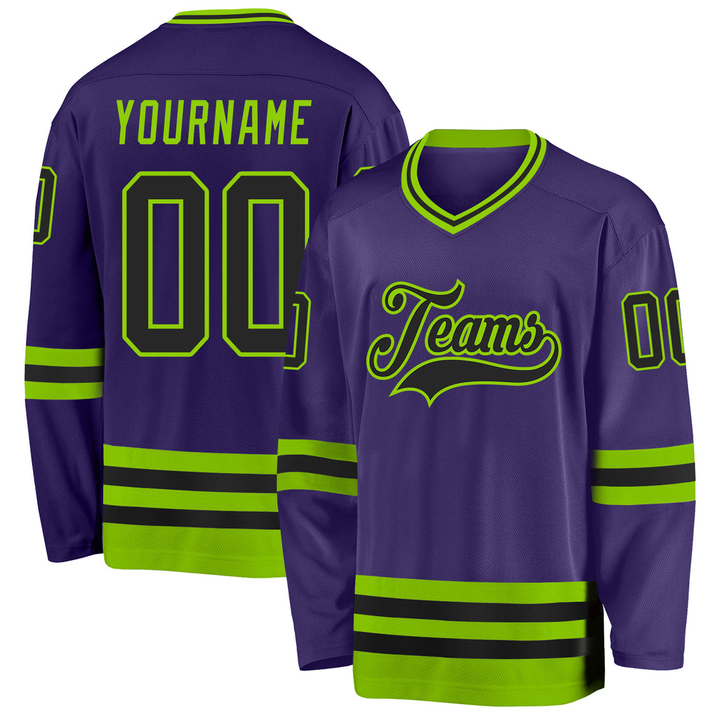 Custom Purple Black-Neon Green Hockey Jersey