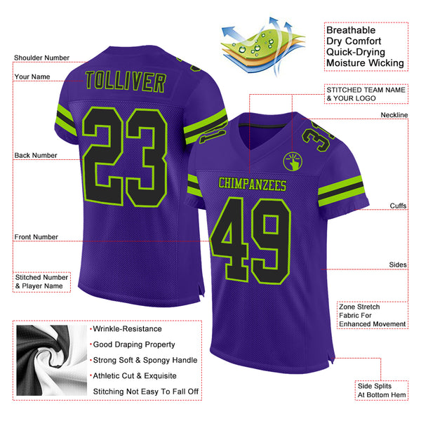 Custom Purple Black-Neon Green Mesh Authentic Football Jersey