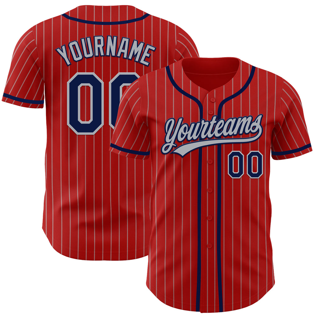 Custom Red Gray Pinstripe Navy Authentic Baseball Jersey