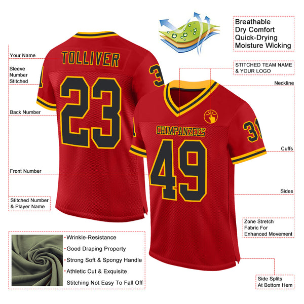 Custom Red Black-Gold Mesh Authentic Throwback Football Jersey