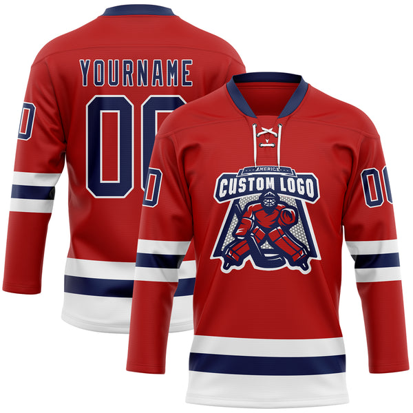 Custom Red Navy-White Hockey Lace Neck Jersey