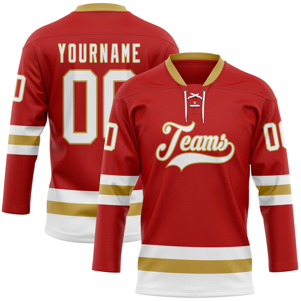 Custom Red White-Old Gold Hockey Lace Neck Jersey