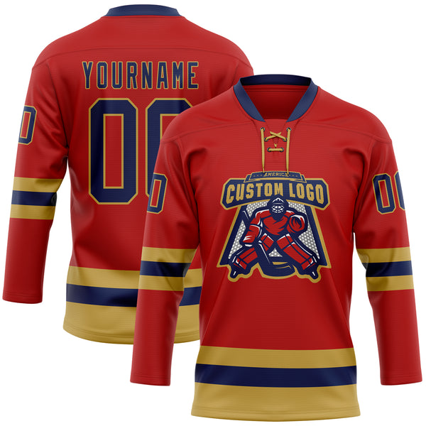 Custom Red Navy-Old Gold Hockey Lace Neck Jersey