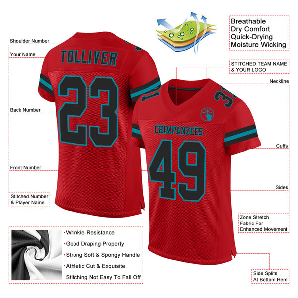 Custom Red Black-Teal Mesh Authentic Football Jersey