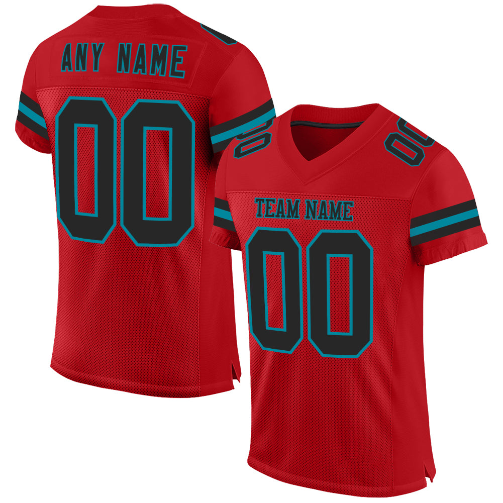 Custom Red Black-Teal Mesh Authentic Football Jersey