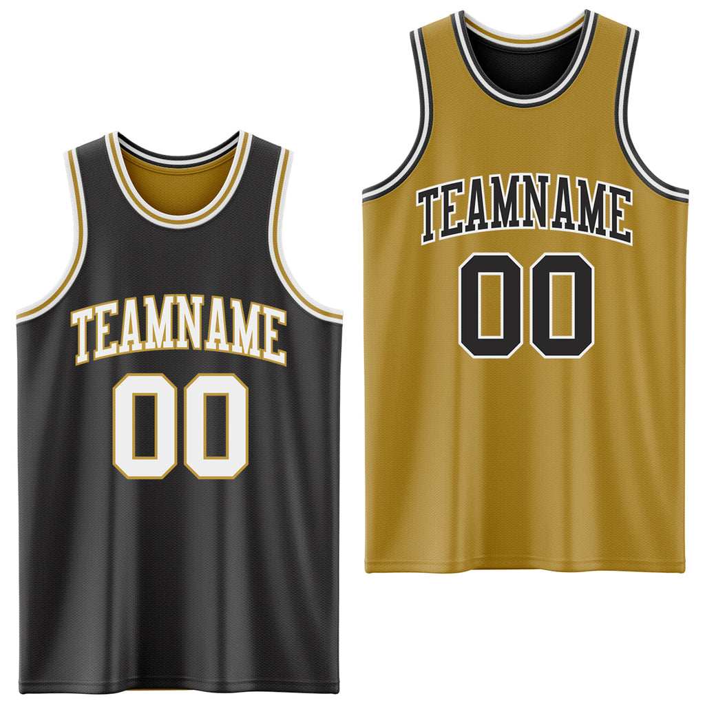 Custom Reversible Black White-Old Gold Double Side Authentic Basketball Jersey