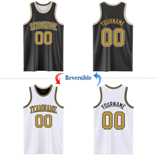 Custom Reversible Black Old Gold-White Double Side Authentic Basketball Jersey