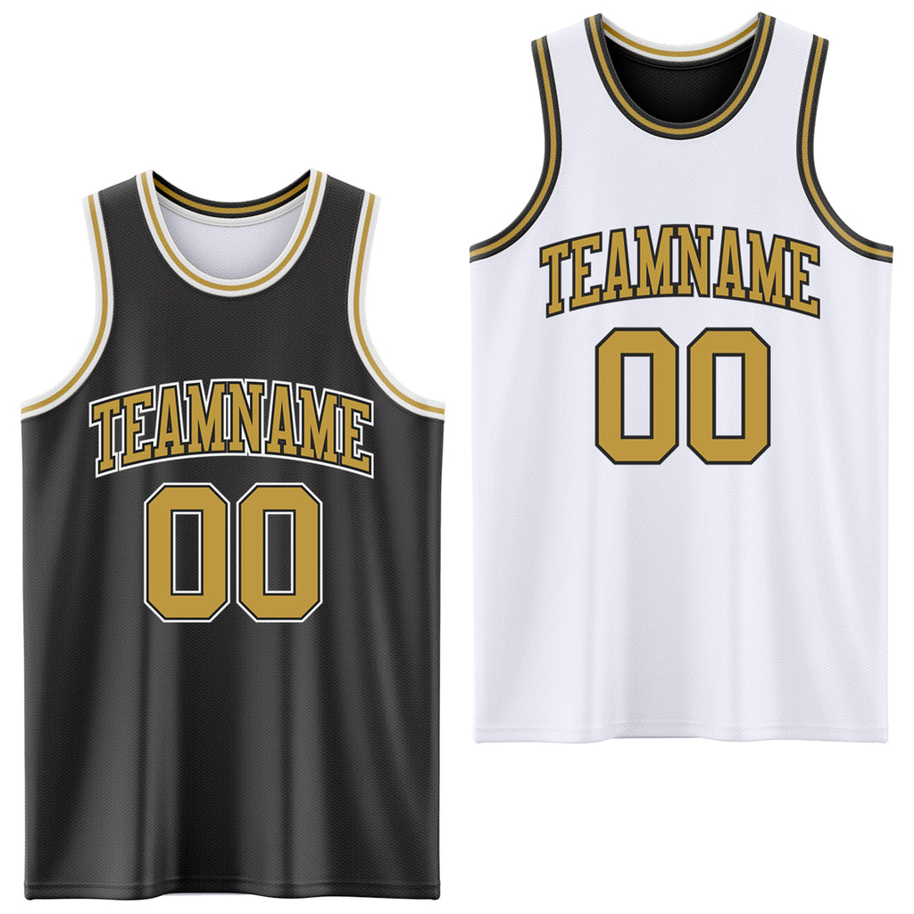 Custom Reversible Black Old Gold-White Double Side Authentic Basketball Jersey