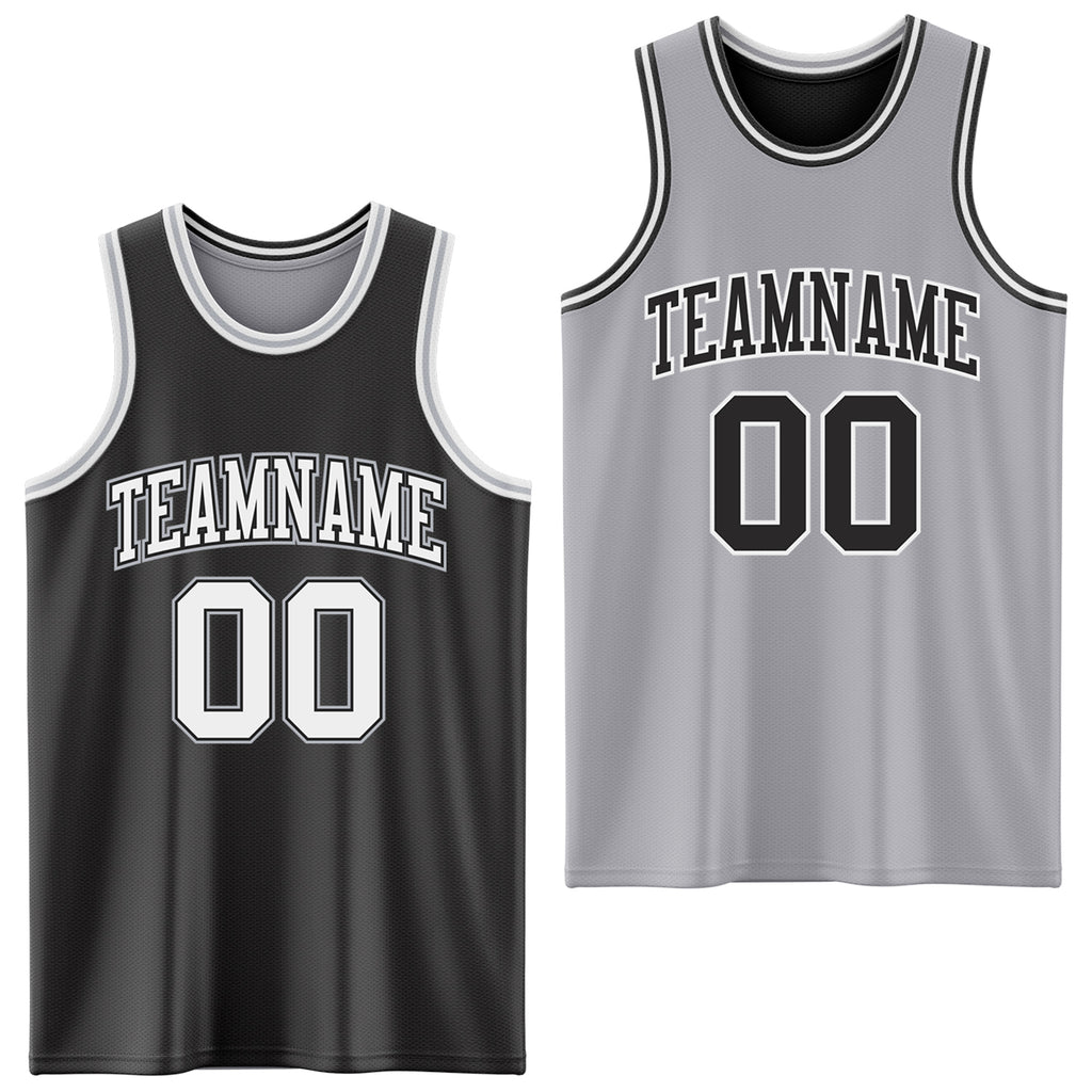 Custom Reversible Black White-Gray Double Side Authentic Basketball Jersey